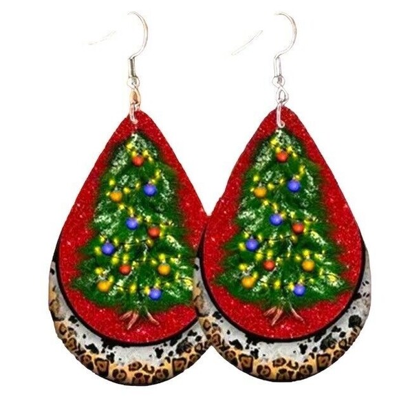 MERRY CHRISTMAS TREE HOLIDAY Teardrop Dangle Drop Earrings 2-Sided Jewelry 3” - Picture 1 of 6